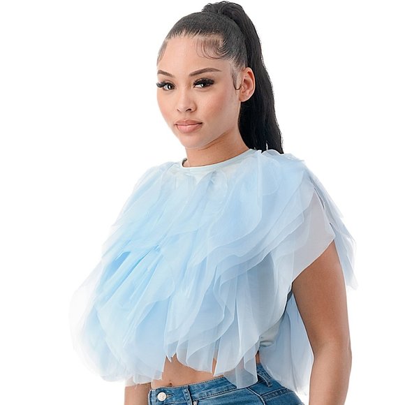 Highlight Tops - Sheer Chiffon Ruffled Top Baby Blue